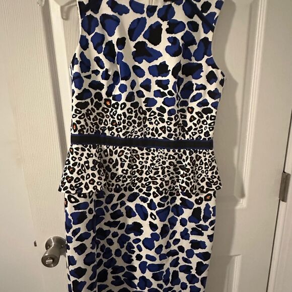 David Meister Blue and Black Sheath Midi Animal Print Dress Size 8 - Picture 1 of 5